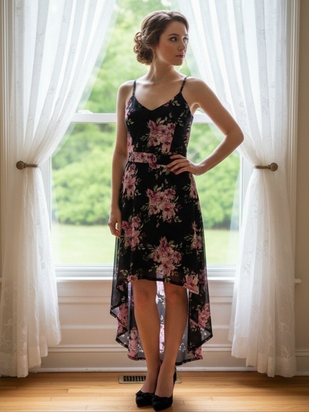 Black Floral High-Low Zipper Open Lace Back Spaghetti Strap Dress Size Large